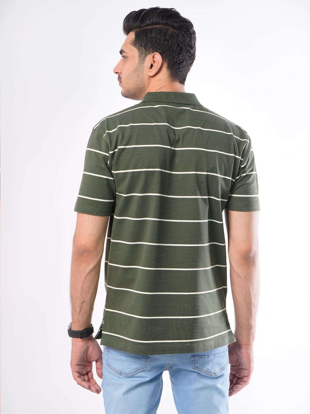 Olive Green & White Striped Half Sleeves Polo T-Shirt (POLO-417)