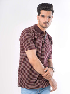 Maroon Striped Half Sleeves Polo T-Shirt (POLO-418)