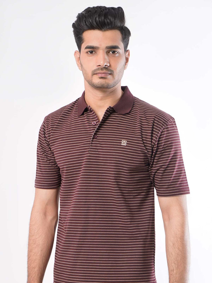 Maroon Striped Half Sleeves Polo T-Shirt (POLO-418)