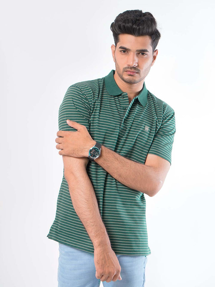 Green Striped Half Sleeves Polo T-Shirt (POLO-420)