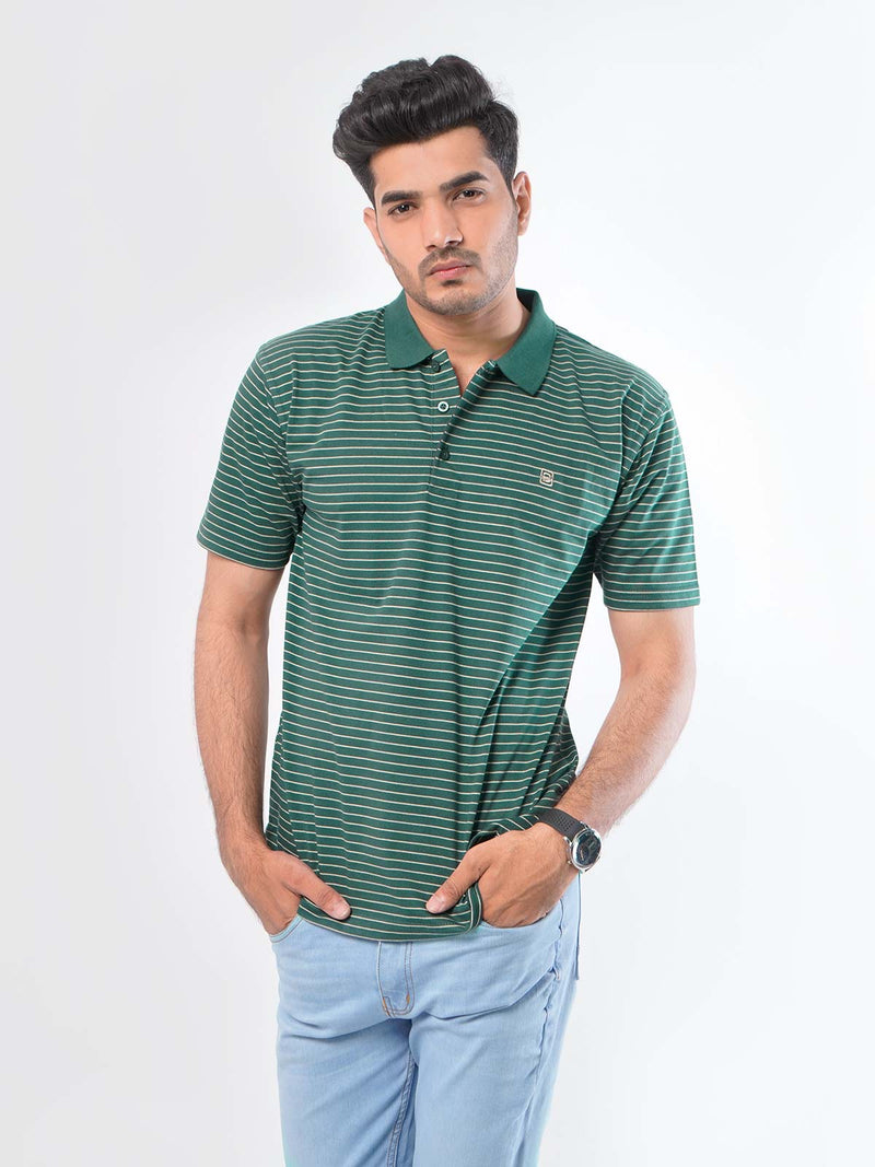 Green Striped Half Sleeves Polo T-Shirt (POLO-420)