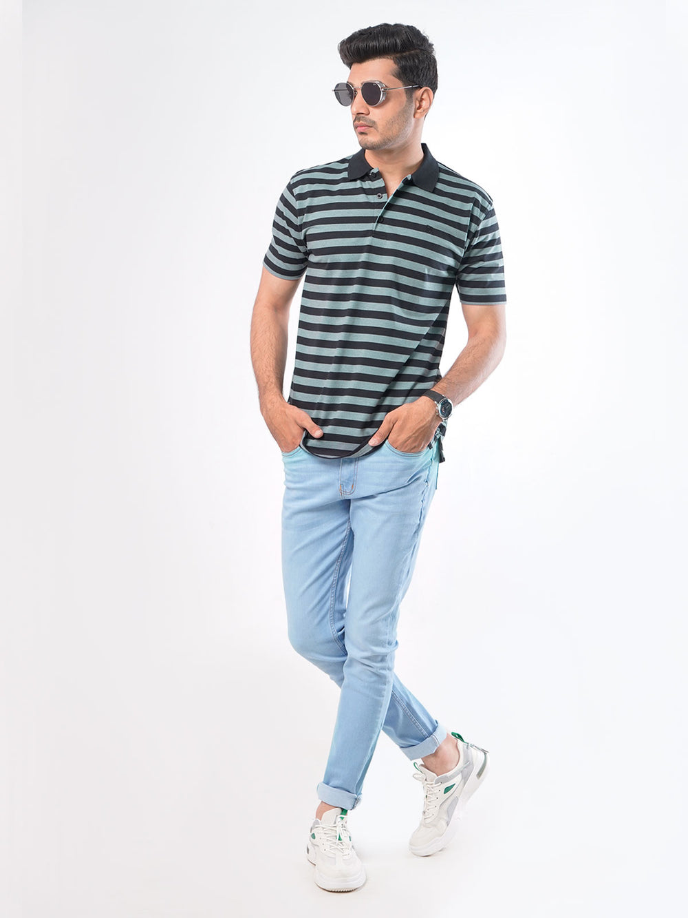 Black & Grey Striped Half Sleeves Polo T-Shirt (POLO-421)