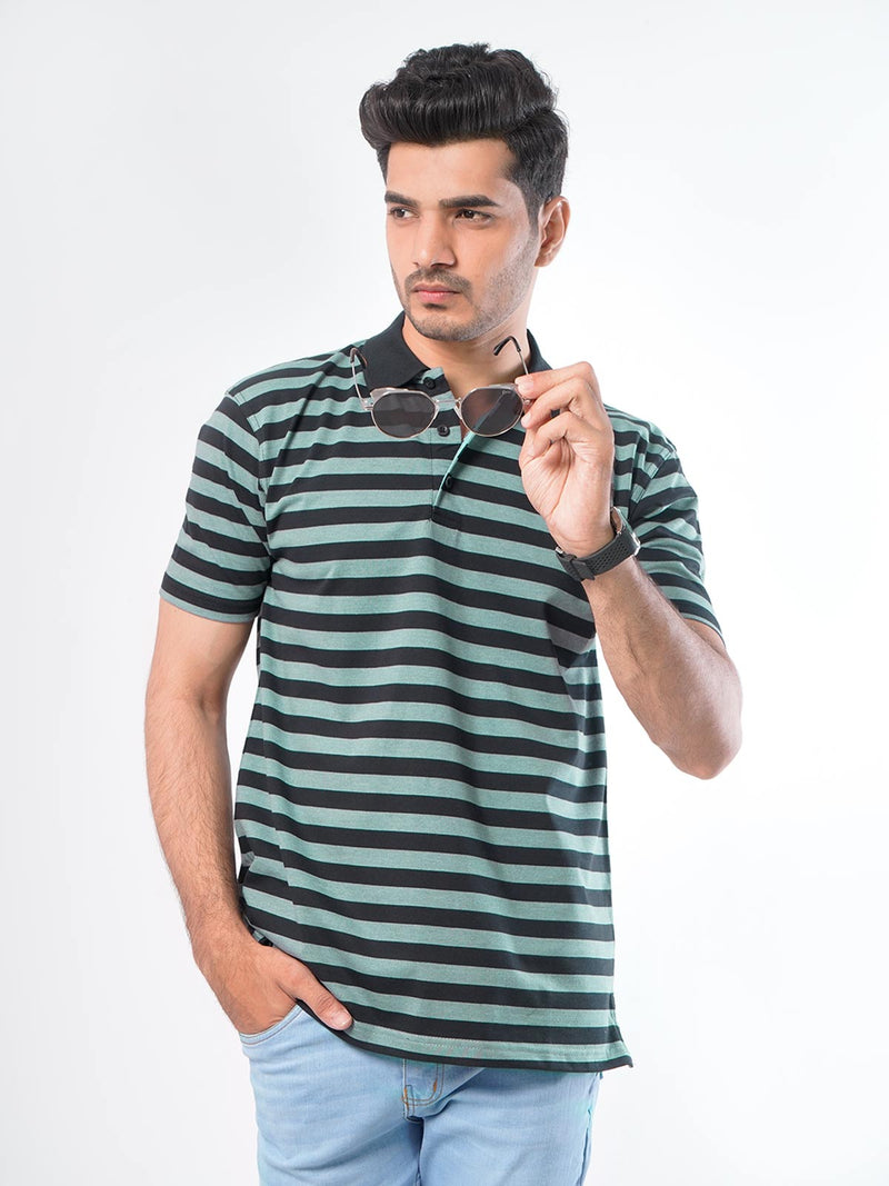 Black & Grey Striped Half Sleeves Polo T-Shirt (POLO-421)