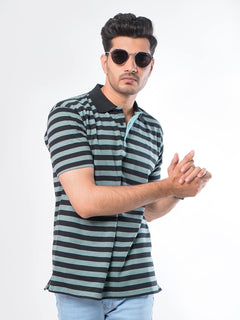 Black & Grey Striped Half Sleeves Polo T-Shirt (POLO-421)