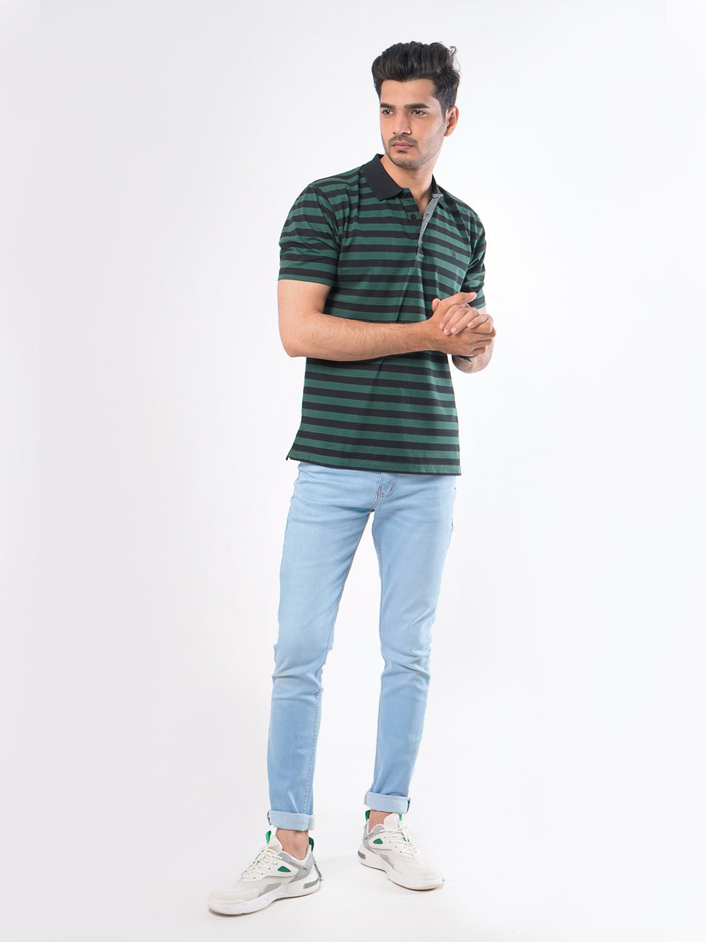 Black & Green Striped Half Sleeves Polo T-Shirt (POLO-422)