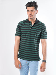 Black & Green Striped Half Sleeves Polo T-Shirt (POLO-422)