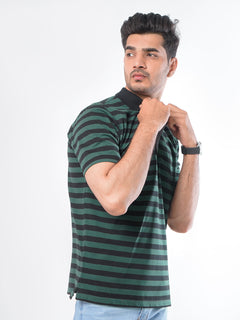 Black & Green Striped Half Sleeves Polo T-Shirt (POLO-422)