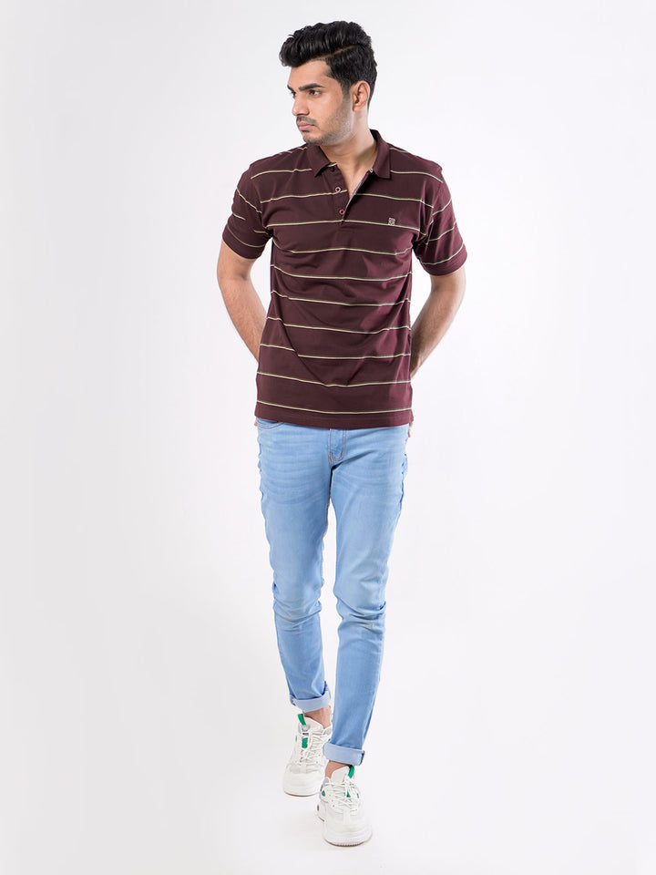 Maroon Striped Half Sleeves Polo T-Shirt (POLO-423)