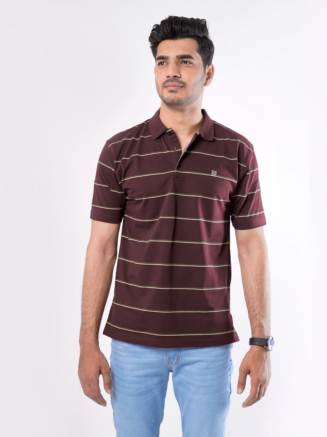 Maroon Striped Half Sleeves Polo T-Shirt (POLO-423)