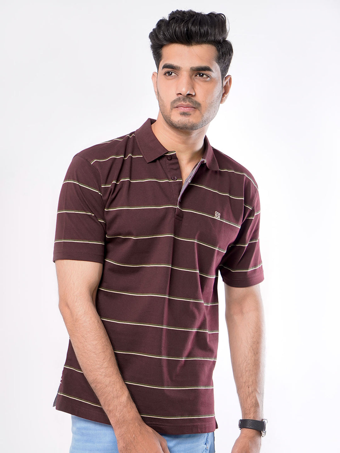 Maroon Striped Half Sleeves Polo T-Shirt (POLO-423)