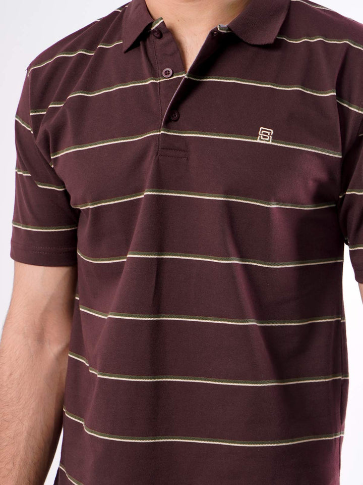 Maroon Striped Half Sleeves Polo T-Shirt (POLO-423)