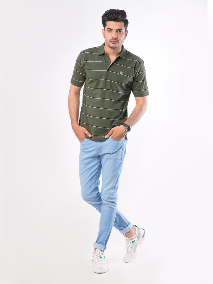 Olive Green Striped Half Sleeves Polo T-Shirt (POLO-424)