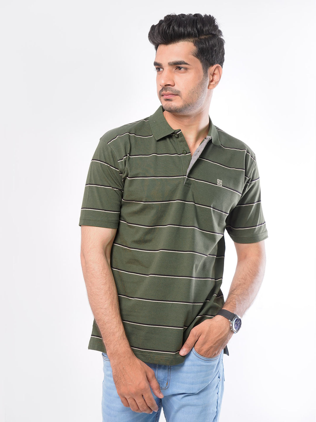 Olive Green Striped Half Sleeves Polo T-Shirt (POLO-424)