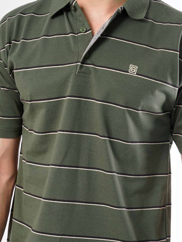 Olive Green Striped Half Sleeves Polo T-Shirt (POLO-424)