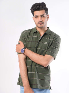 Olive Green Striped Half Sleeves Polo T-Shirt (POLO-424)