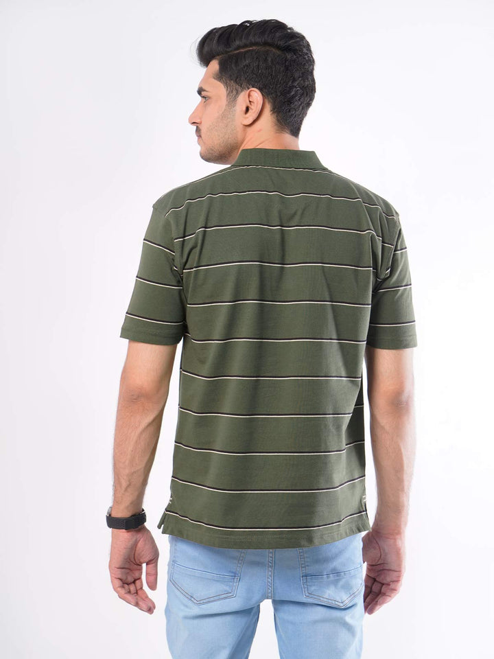 Olive Green Striped Half Sleeves Polo T-Shirt (POLO-424)