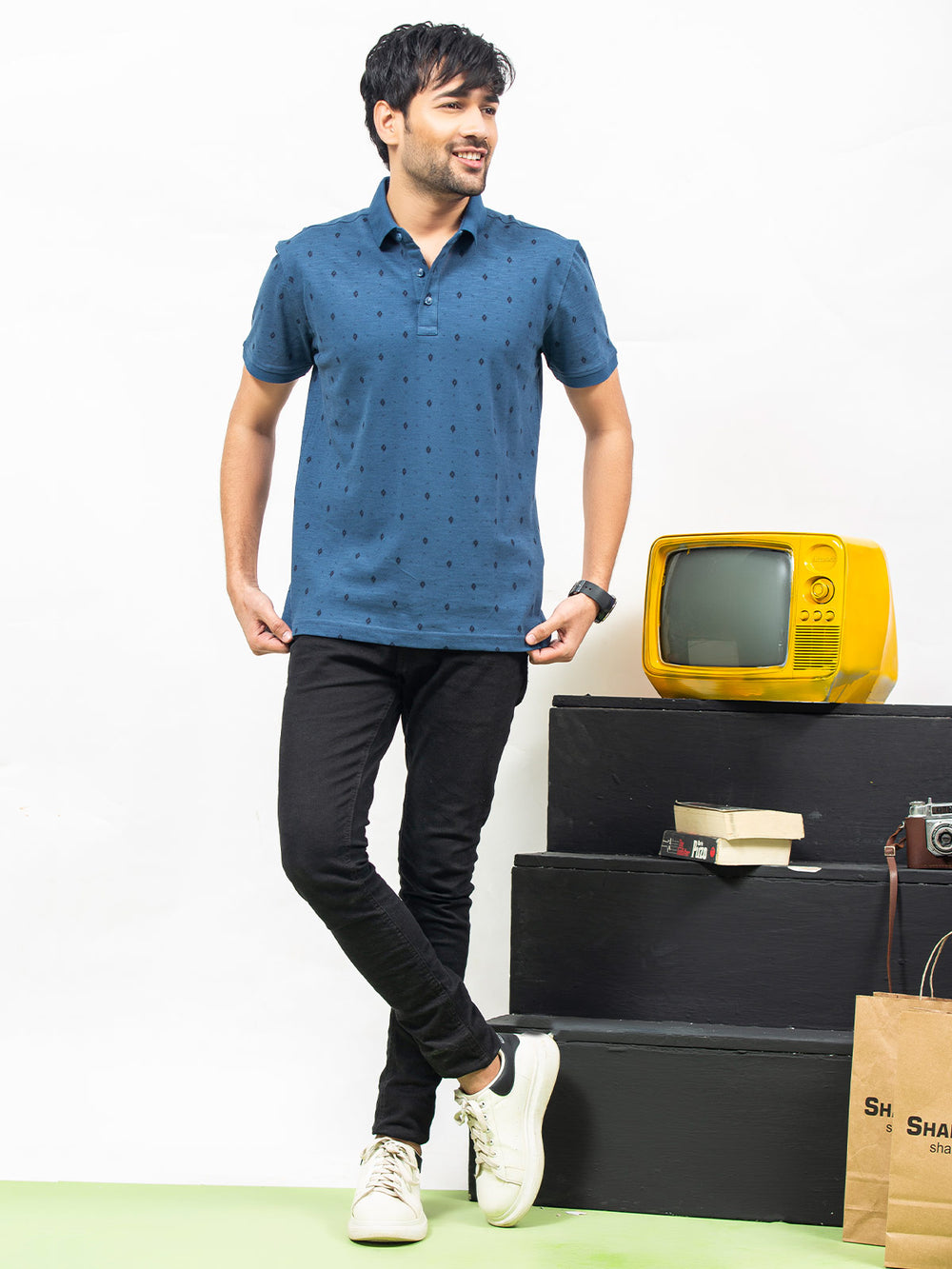 Navy Blue Printed Half Sleeves Polo T-Shirt (POLO-265)