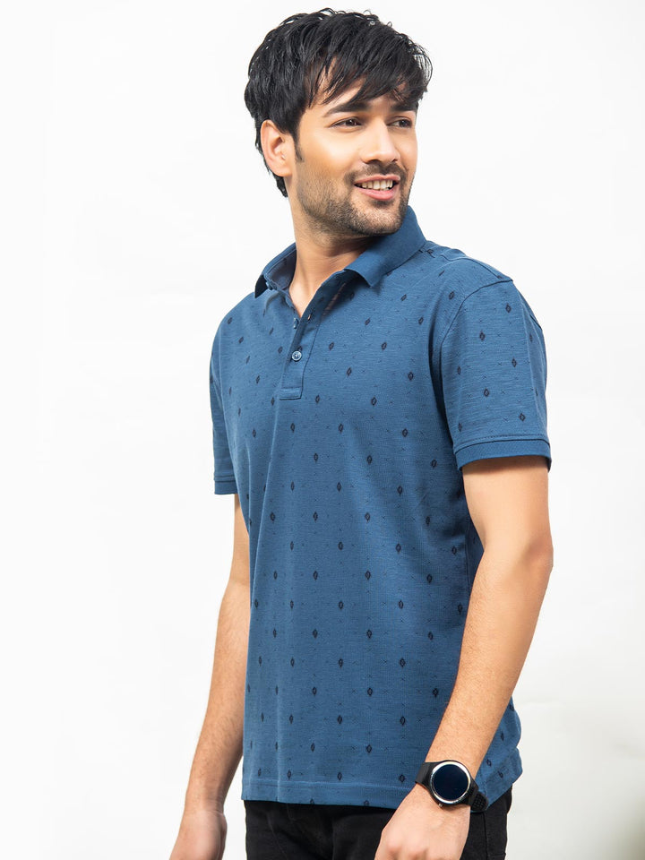 Navy Blue Printed Half Sleeves Polo T-Shirt (POLO-265)