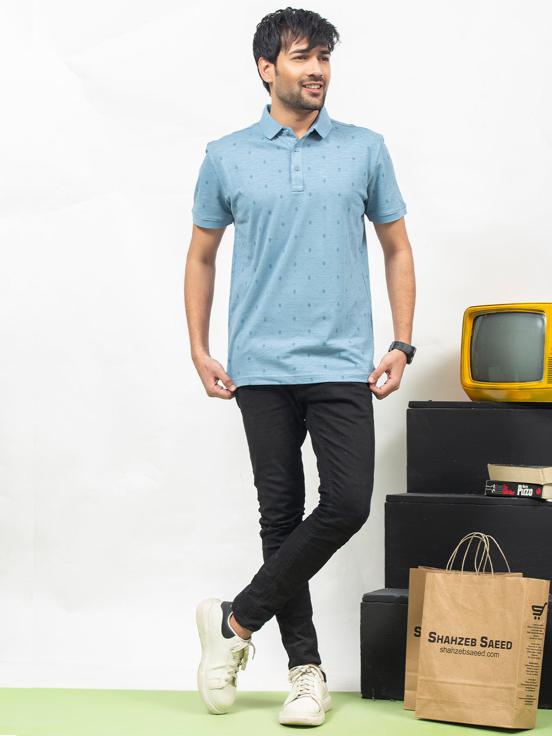 Light Blue Printed Half Sleeves Polo T-Shirt (POLO-269)