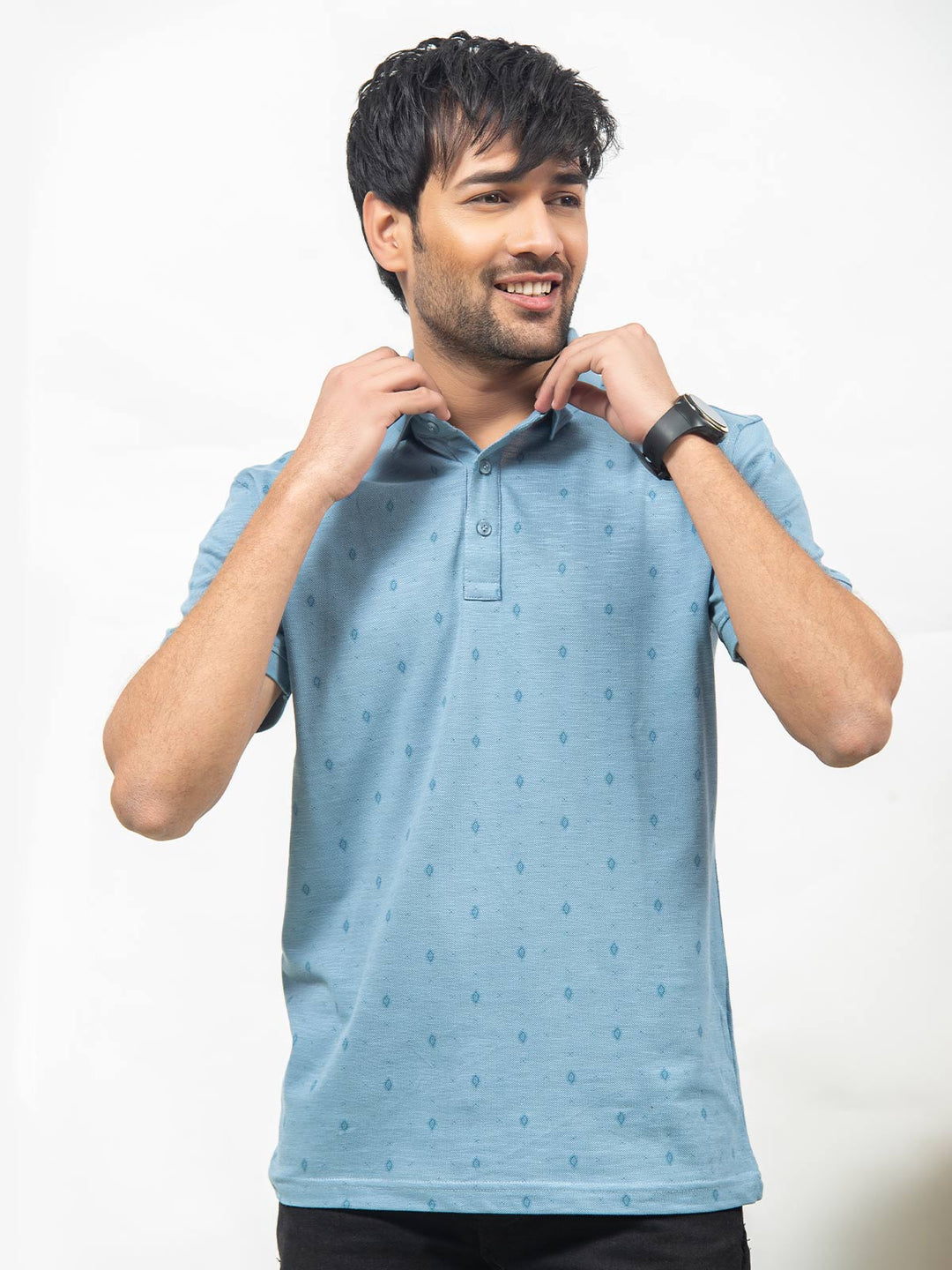 Light Blue Printed Half Sleeves Polo T-Shirt (POLO-269)