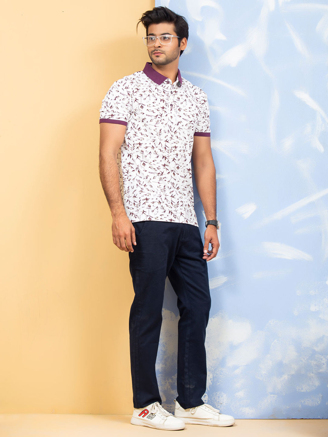 White & Purple Leaf Printed Half Sleeves Polo T-Shirt (POLO-270)