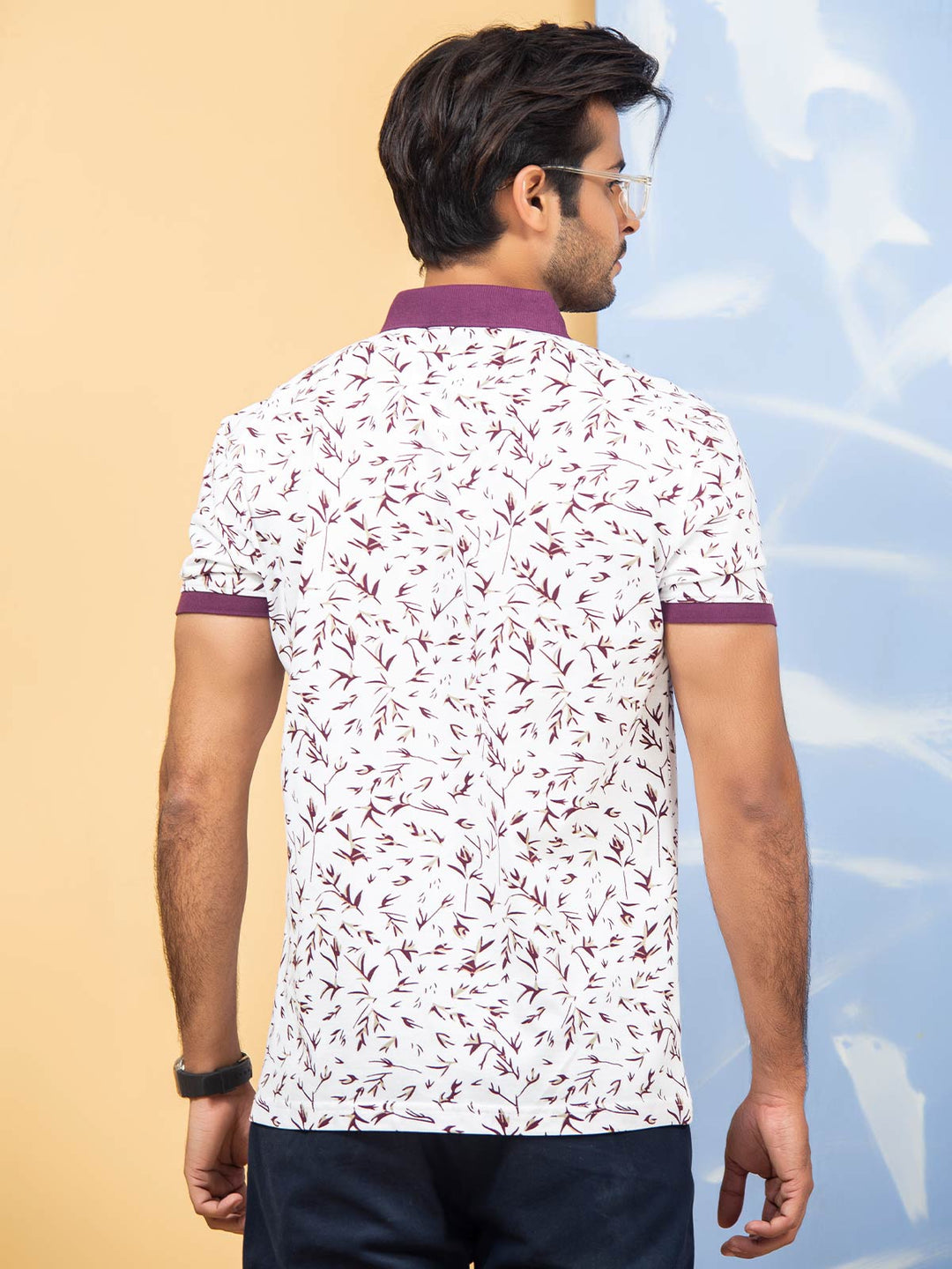 White & Purple Leaf Printed Half Sleeves Polo T-Shirt (POLO-270)