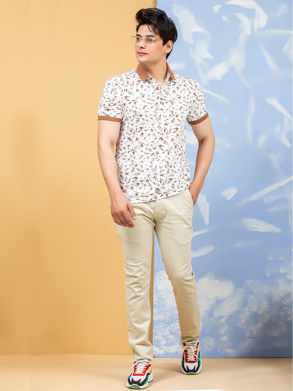 White & Brown Leaf Printed Half Sleeves Polo T-Shirt (POLO-271)