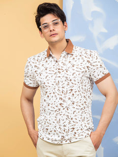 White & Brown Leaf Printed Half Sleeves Polo T-Shirt (POLO-271)