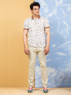 White & Brown Leaf Printed Half Sleeves Polo T-Shirt (POLO-271)