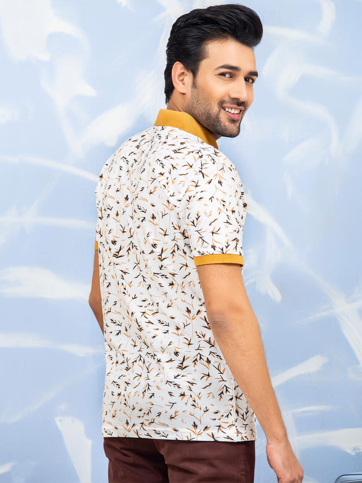 White & Mustard Leaf Printed Half Sleeves Polo T-Shirt (POLO-272)