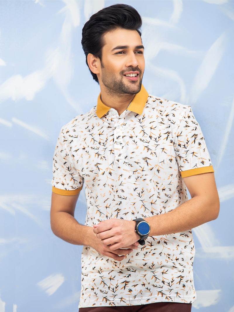 White & Mustard Leaf Printed Half Sleeves Polo T-Shirt (POLO-272)