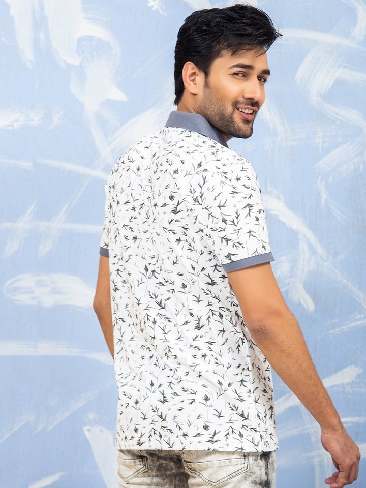 White & Grey Leaf Printed Half Sleeves Polo T-Shirt (POLO-274)