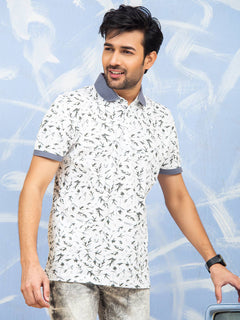 White & Grey Leaf Printed Half Sleeves Polo T-Shirt (POLO-274)