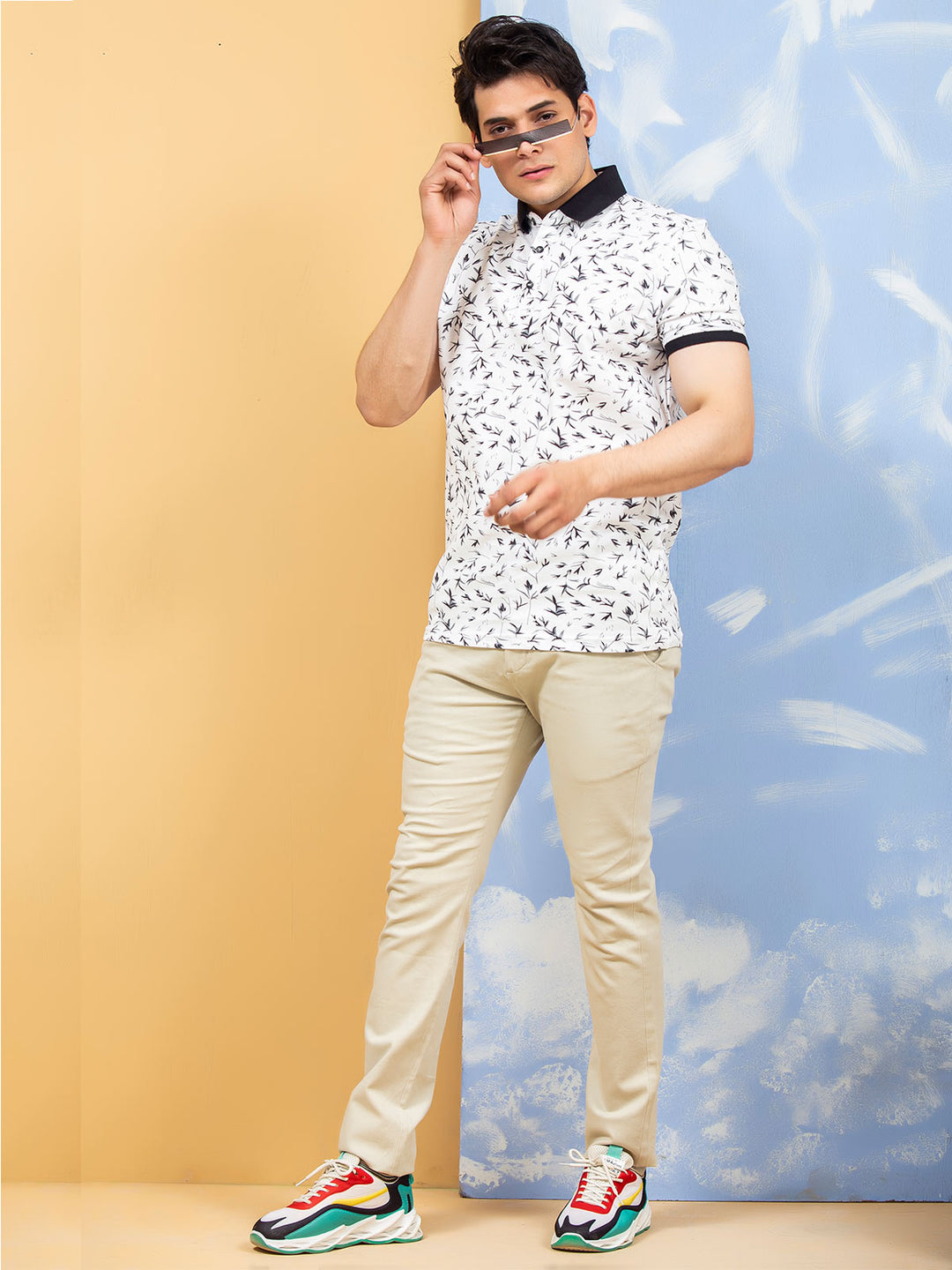 White & Black Leaf Printed Half Sleeves Polo T-Shirt (POLO-276)