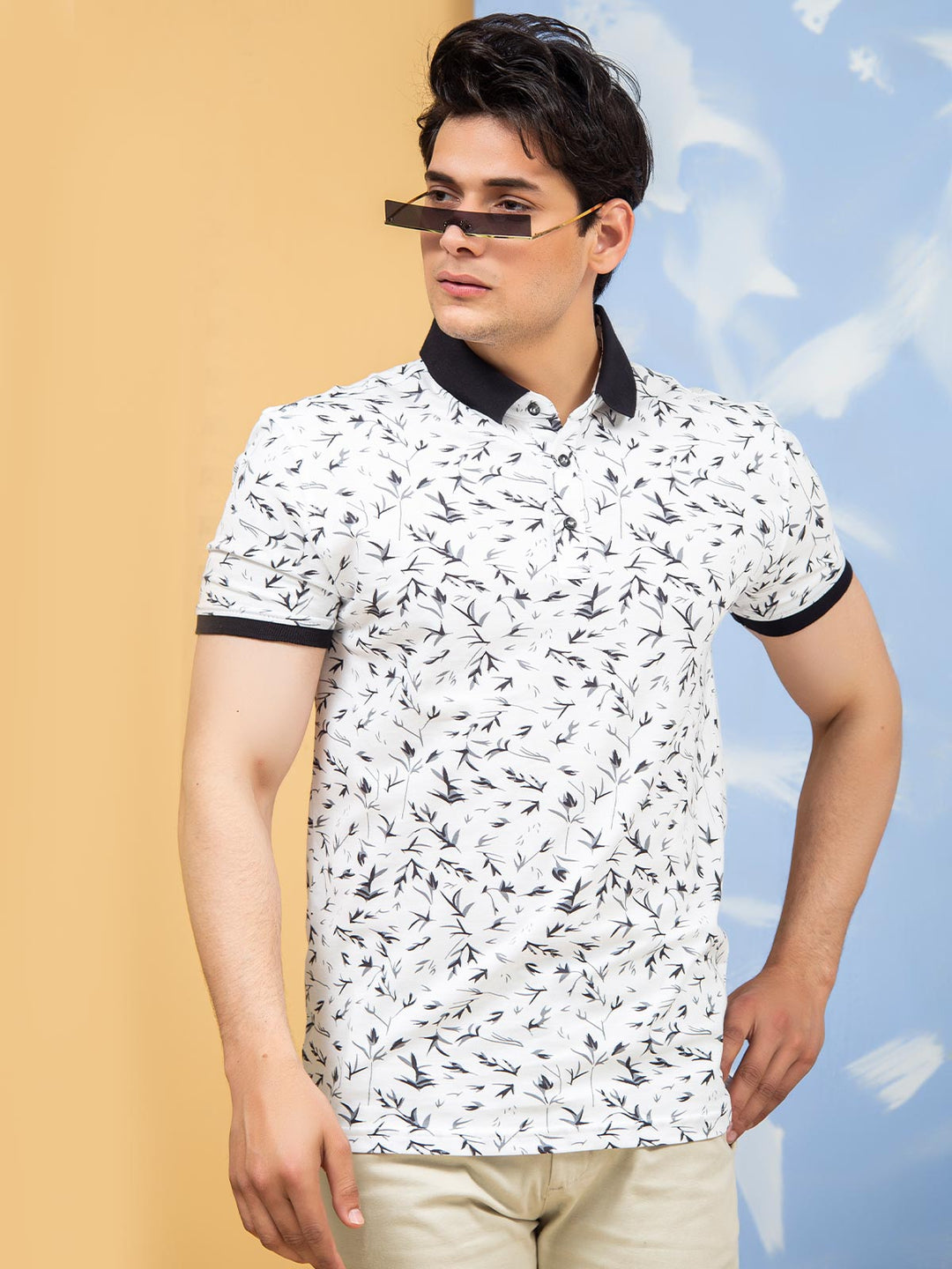 White & Black Leaf Printed Half Sleeves Polo T-Shirt (POLO-276)