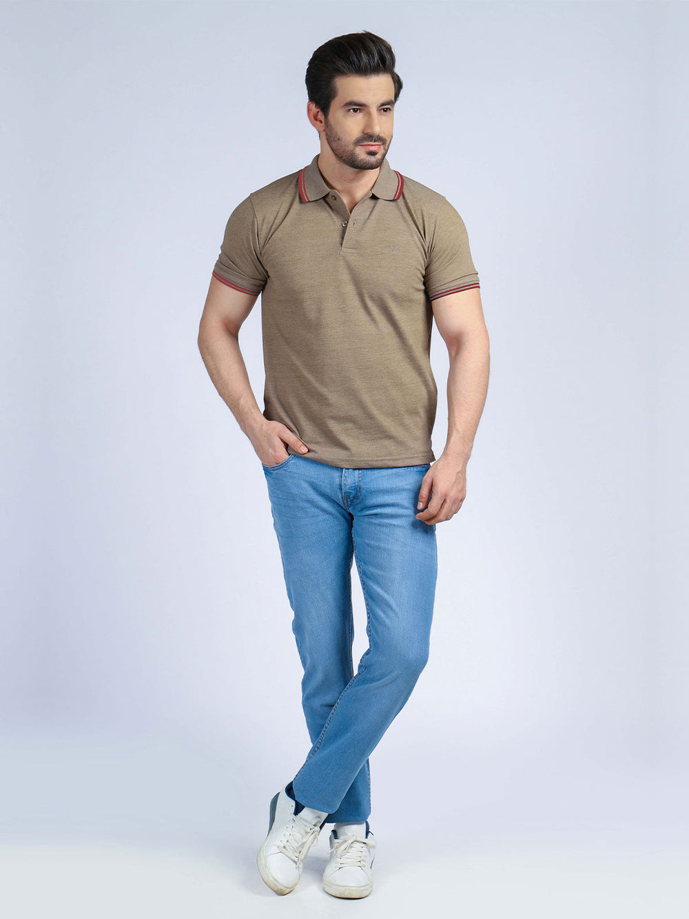 Light Brown Plain Half Sleeves Contrast Tipping Polo T-Shirt (POLO-385)