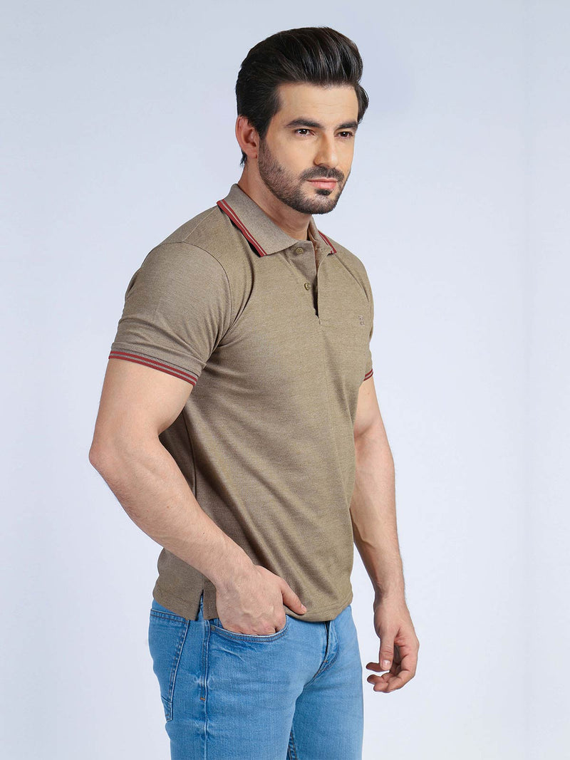 Light Brown Plain Half Sleeves Contrast Tipping Polo T-Shirt (POLO-385)