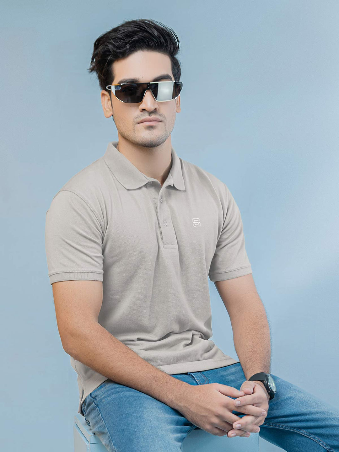 Light Grey Self Half Sleeves Polo T-Shirt (POLO-393)