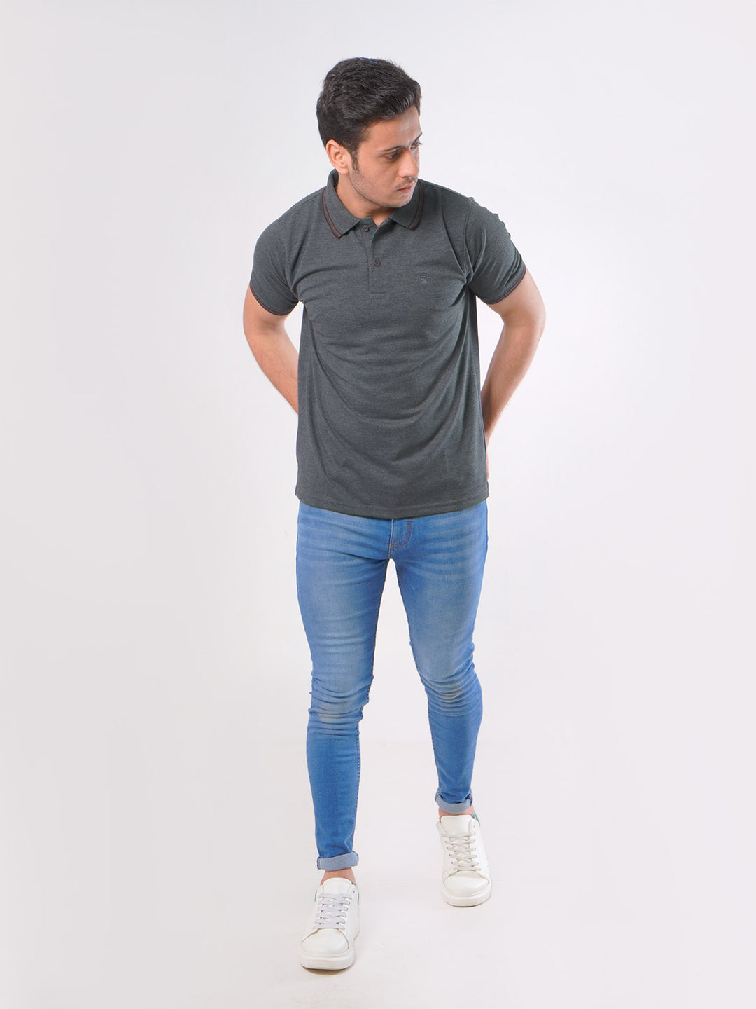 Charcoal Grey Plain Contrast Tipping Half Sleeves Polo T-Shirt (POLO-427)