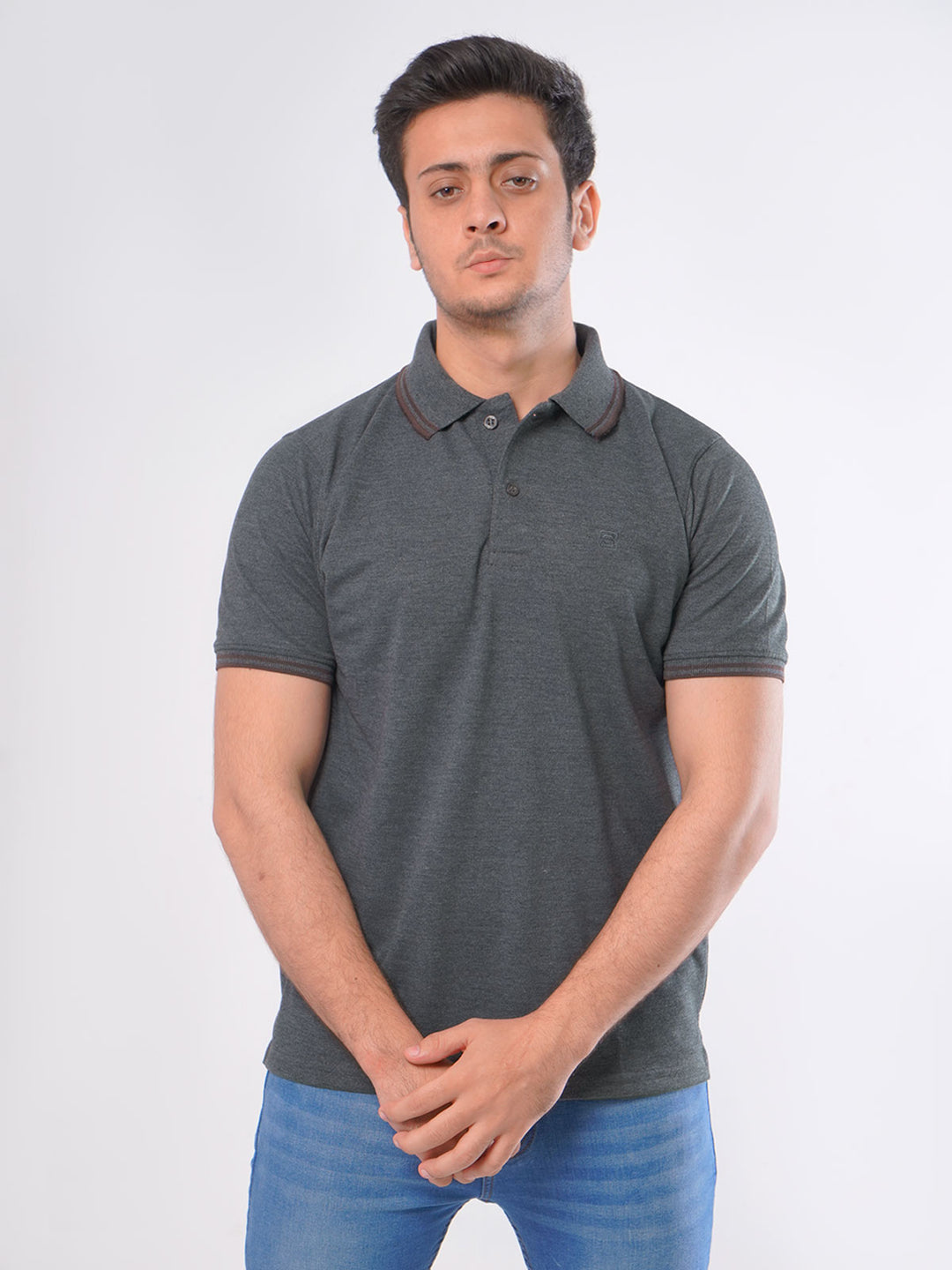 Charcoal Grey Plain Contrast Tipping Half Sleeves Polo T-Shirt (POLO-427)