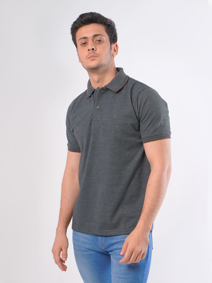 Charcoal Grey Plain Contrast Tipping Half Sleeves Polo T-Shirt (POLO-427)