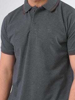 Charcoal Grey Plain Contrast Tipping Half Sleeves Polo T-Shirt (POLO-427)