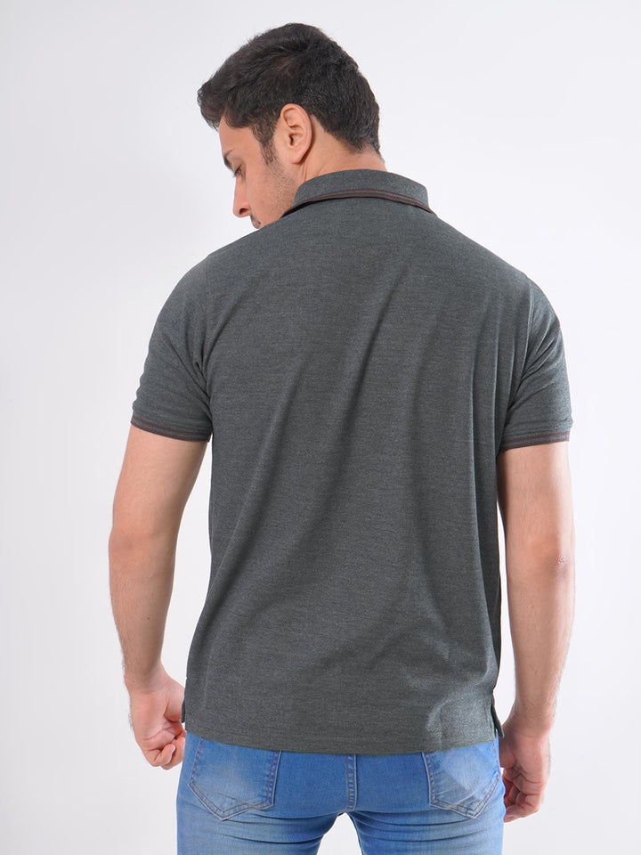 Charcoal Grey Plain Contrast Tipping Half Sleeves Polo T-Shirt (POLO-427)