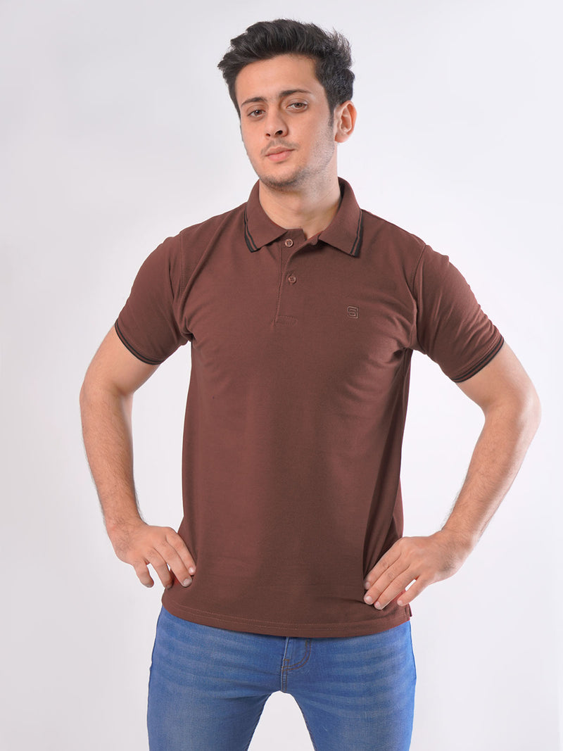 Rust Plain Contrast Tipping Half Sleeves Polo T-Shirt (POLO-428)