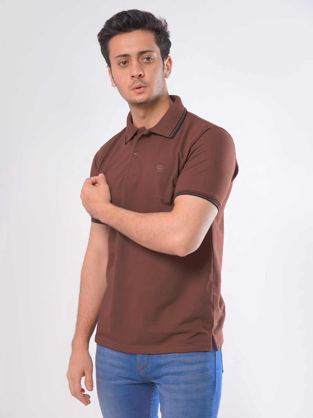 Rust Plain Contrast Tipping Half Sleeves Polo T-Shirt (POLO-428)