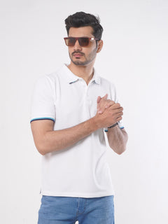 White Plain Twin Contrast Lycra Elastane Half Sleeves Polo T-Shirt (POLO-442)