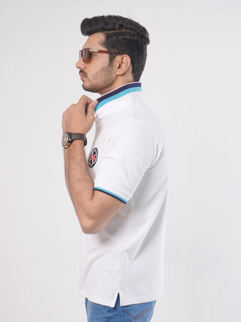 White Plain Twin Contrast Lycra Elastane Half Sleeves Polo T-Shirt (POLO-442)