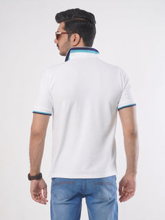 White Plain Twin Contrast Lycra Elastane Half Sleeves Polo T-Shirt (POLO-442)