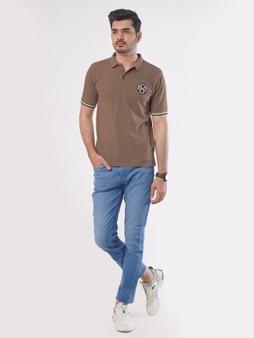 Light Brown Plain Twin Contrast Lycra Elastane Half Sleeves Polo T-Shirt (POLO-444)