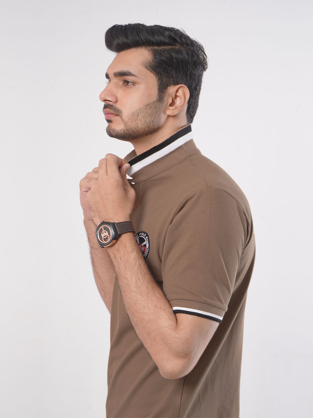 Light Brown Plain Twin Contrast Lycra Elastane Half Sleeves Polo T-Shirt (POLO-444)